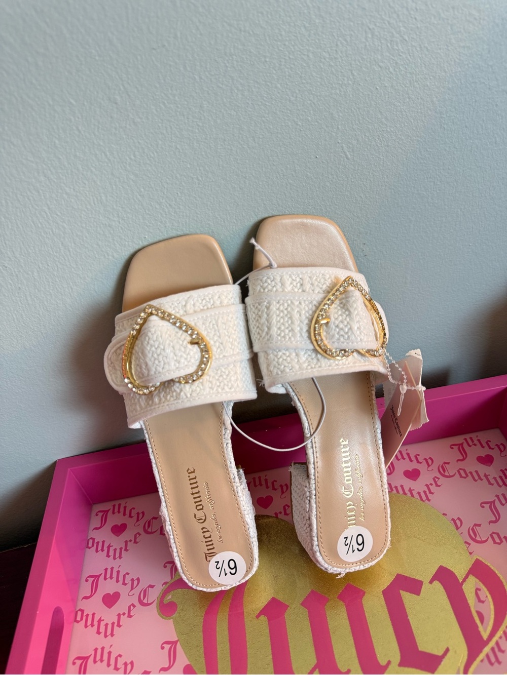 Juicy Couture Cream Slide Sandals with Gold Heart Buckles